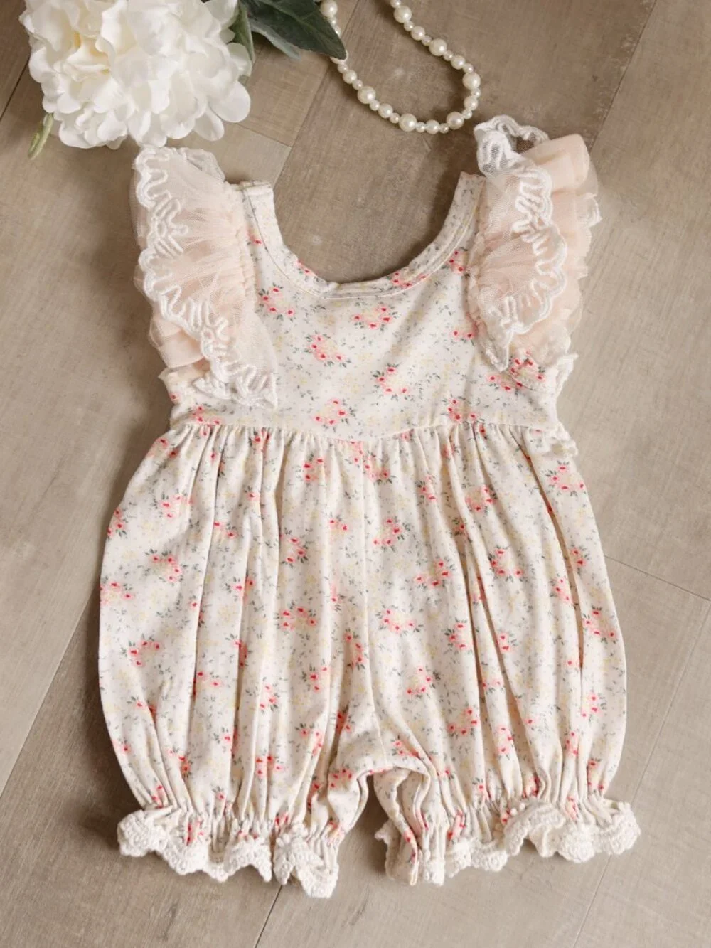 Embroidered Lace Romper NWT Couture Boutique Ivory Vintage Coral Floral 12 Month